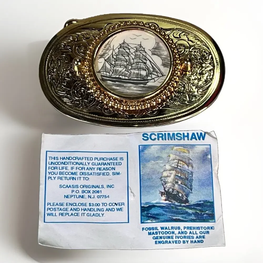 VTG Solid Brass Belt Buckle w/ Handcrafted Nautical Ship Scrimshaw Center NOS